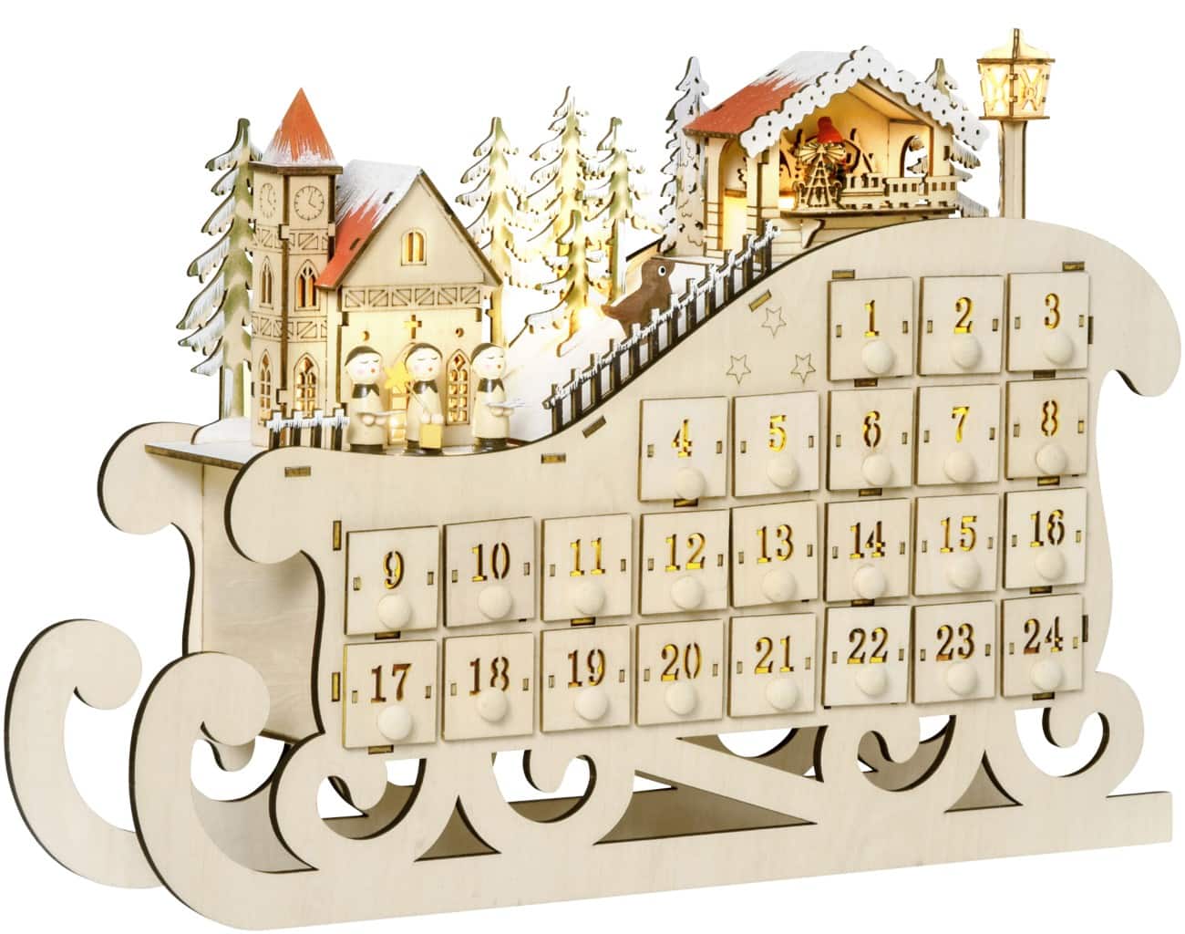 Calendrier de l’Avent HOMCOM LED Traîneau Naturel Bois 45 x 10 x 31 cm