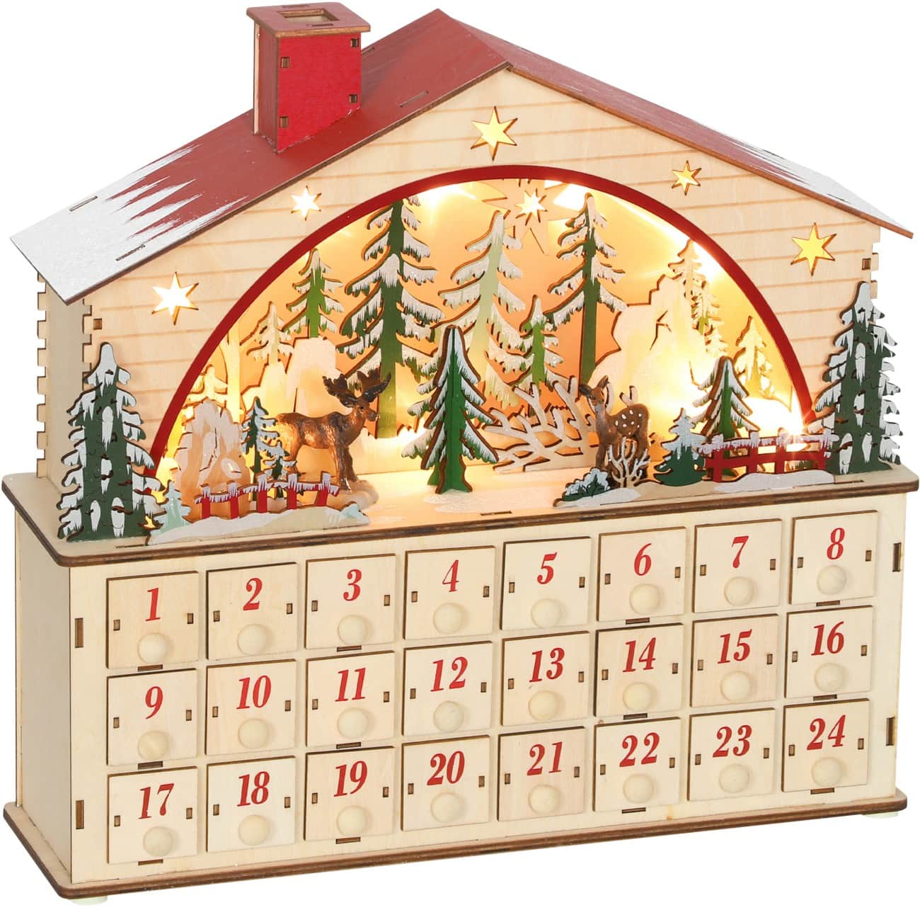 HOMCOM LED Adventkalender Dorp Naturel Hout 36 x 10 x 34 cm