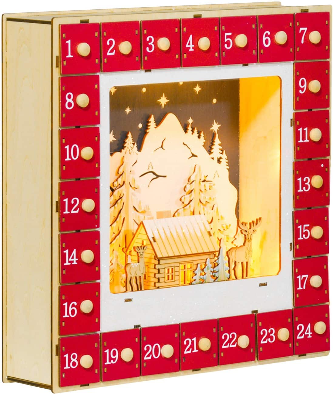 Calendrier de l’Avent HOMCOM LED Village Rouge 34 x 7 x 34 cm