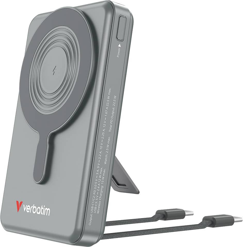 Batterie externe Verbatim Charge 'n Go 10000 mAh Magnétique Sans fil USB-C PD3.0 QC3.0 52 W Gris 32272