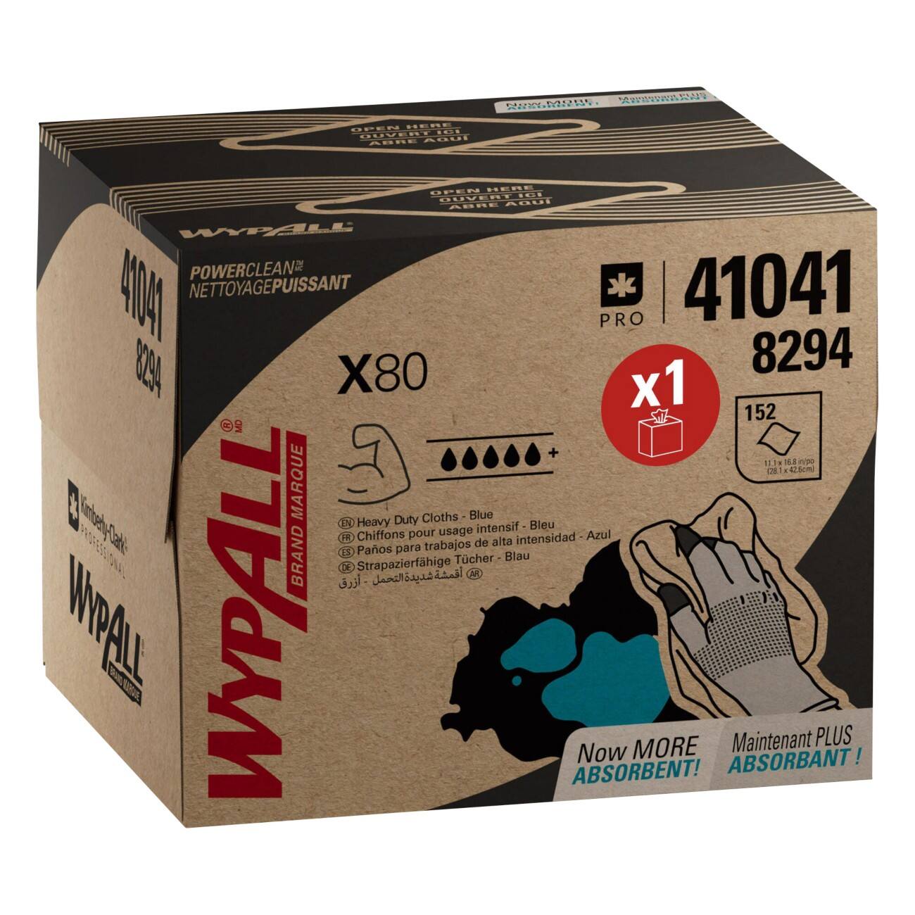 WypAll X80 Power Clean Heavy Duty Handdoeken 8294 Herbruikbaar Schoonmaakdoek 1 BRAG-doos met 152 blauwe absorberende doekjes