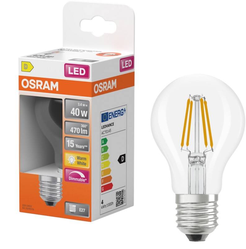Ampoule Osram Retrofit CLASSIC Transparent E27 3,4 W Blanc chaud