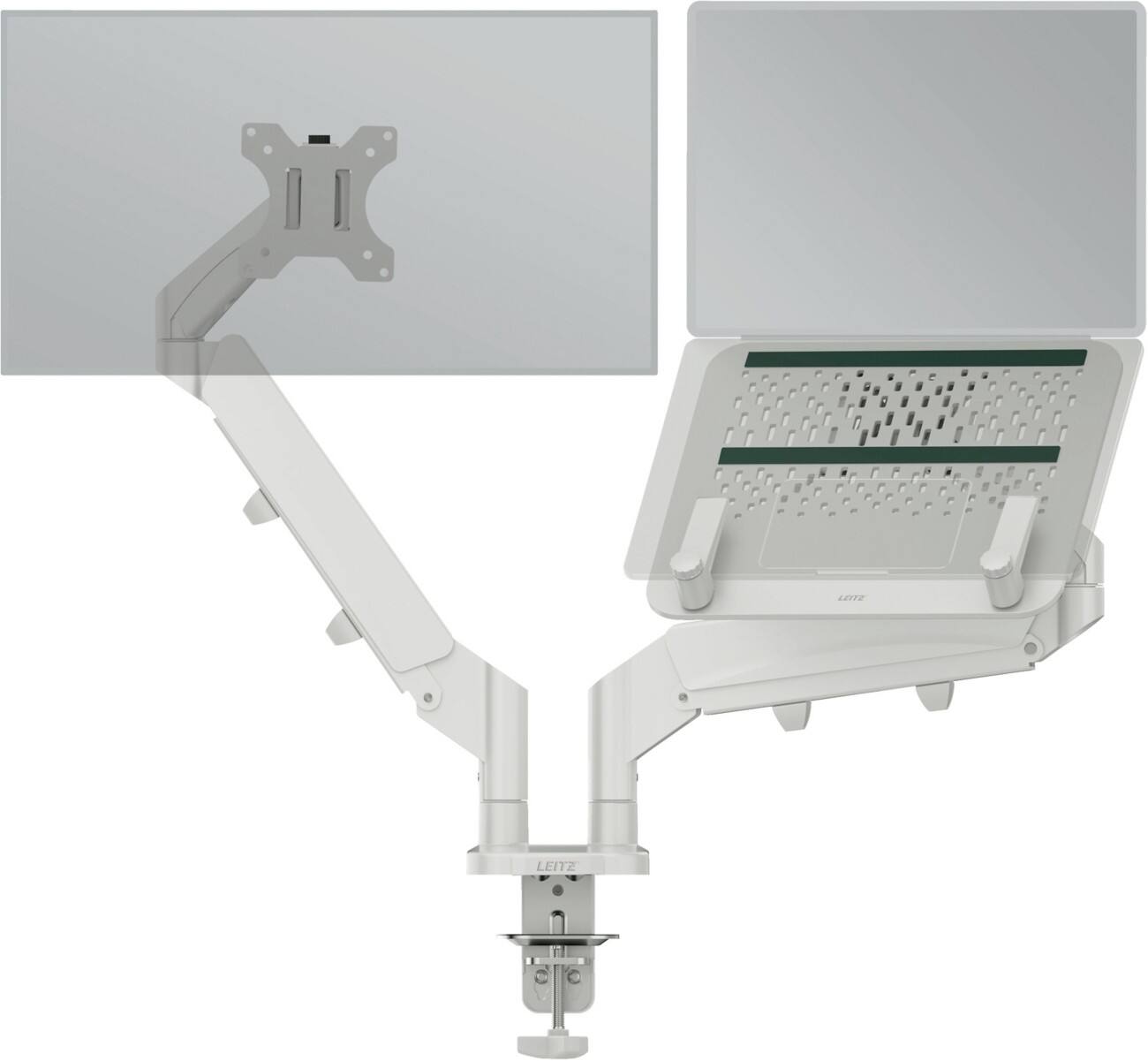 Bras double pour moniteur et ordinateur portable à faible encombrement Leitz Ergo 6538 ergonomique et taille réglable jusqu'à 32"/17" gris clair