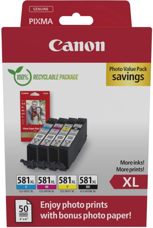 Cartouche jet d’encre Canon CLI-581XL 2052C006 Noir, cyan, magenta, jaune Photo Value Pack 4 unités