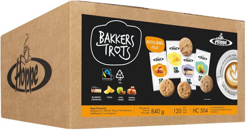 HOPPE Fairtrade Bakkers Trots Citrus, Bosbessen Cheesecake, Karamel-Zeezout en Appel-Kaneel Koekjes Pak van 120