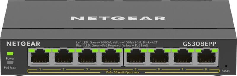 NETGEAR 8-Poorten Schakelaar Gigabit Ethernet High-Power PoE+ Plus Switch (GS308EPP) Managed L2/L3 Gigabit Ethernet (10/100/1000) Power over Ethernet (PoE) Zwart