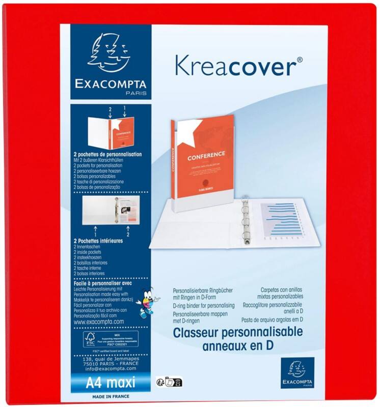 Classeur à anneaux Exacompta Kreacover 60 mm Carton, PP (Polypropylène) A4+ 4 Anneaux Rouge 51845RE 10 Unités