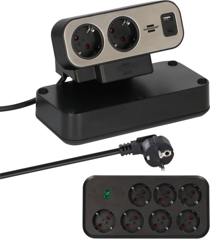 brennenstuhl Estilo Duplex Rallonge Bureau 9-Voies USB-C Power Delivery pour charge rapide,1x USB-C 1x USB-A 2m Noir 1153580210
