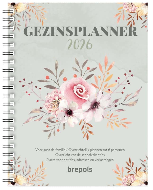 Calendrier familial Brepols 2026 1 Semaine sur 2 Pages Néerlandais 17,2 (L) x 1,5 (P) x 23,3 (H) cm Vert