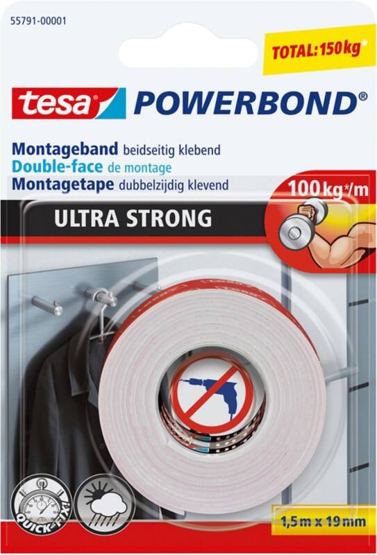 tesa Montagetape Powerbond Ultra Strong 55791 Wit 19 mm (B) x 1.5 m (L) Synthetisch rubber