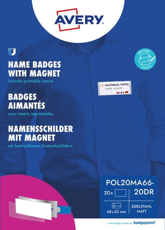 Badge nominatif AVERY Zweckform Aimant 6,8 x 2,2 cm Plastique 20 unités