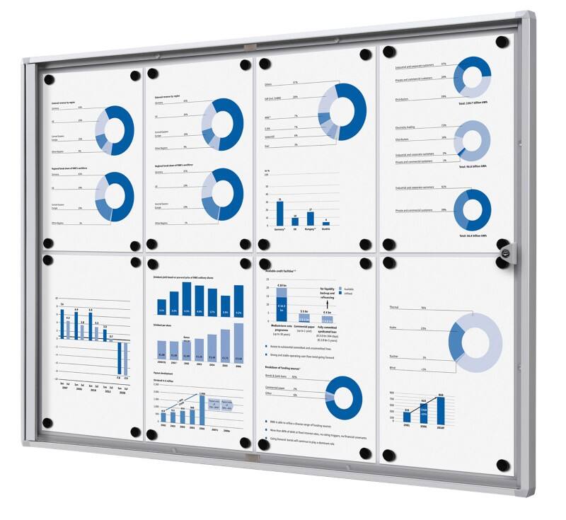 SHOWDOWN Vergrendelbaar notitiebord Magnetisch 8 x A4 Wandmontage Afsluitbaar 93,1 (B) x 65,5 (H) cm Zilver