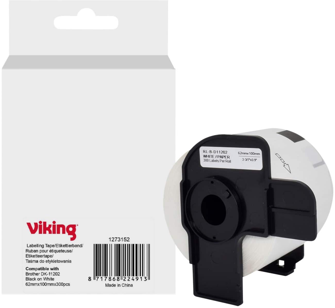 Rouleau d'étiquettes Viking Compatible Brother DK-11202 WB-BRRLD11202-WT Adhésif Noir sur blanc 62 x 90 mm Thermique