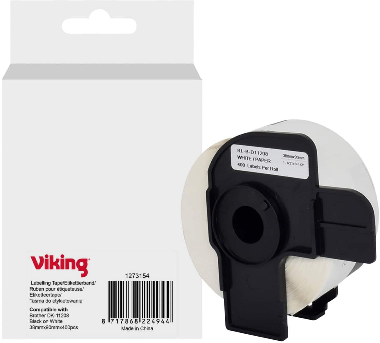 Rouleau d'étiquettes Viking Compatible Brother DK-11208 WB-BRRLD11208-WT Adhésif Noir sur blanc 38 x 65 mm Thermique