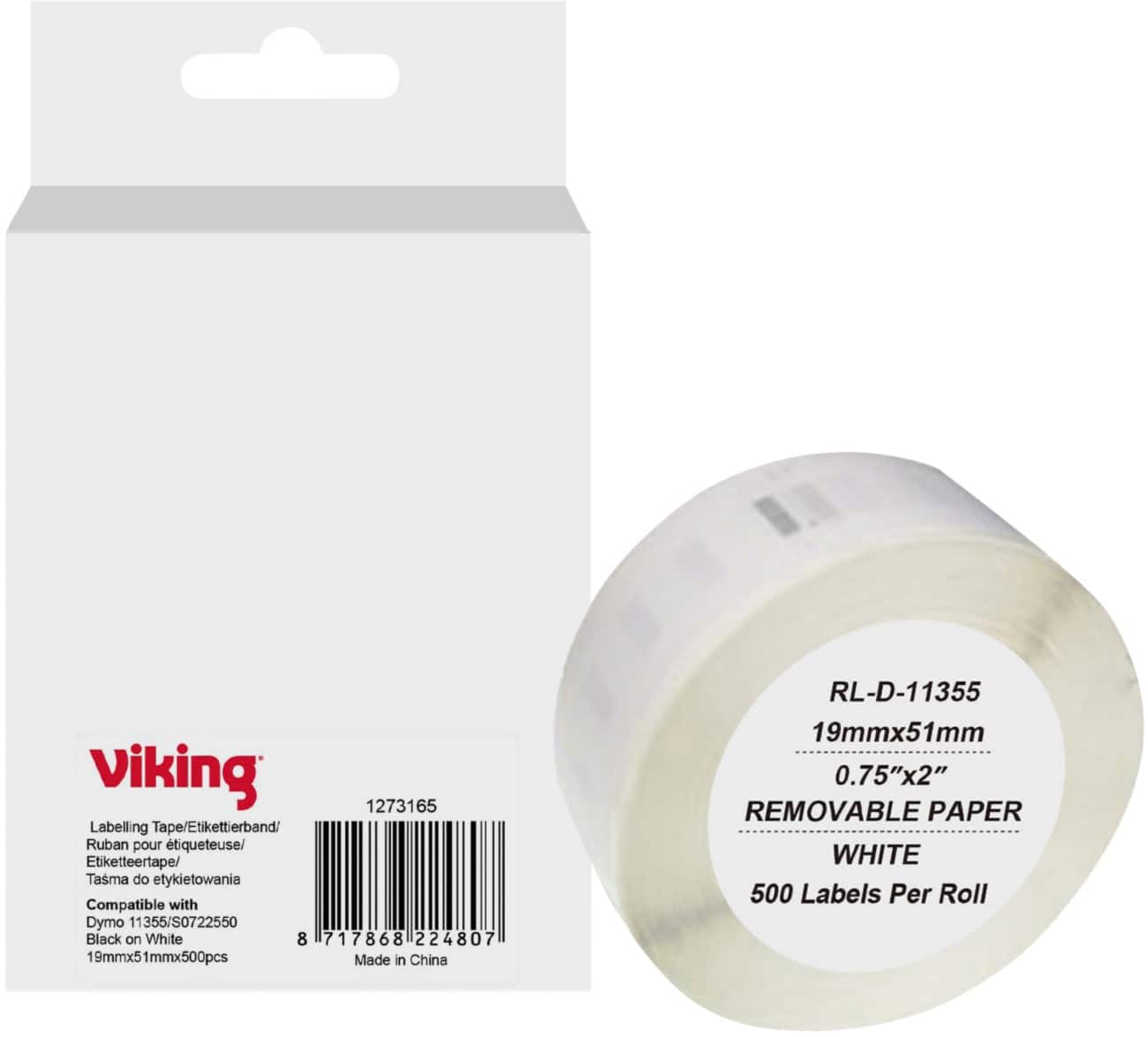 Rouleau d'étiquettes Viking Compatible DYMO 11355 Adhésif Noir sur blanc 19 x 85 mm Thermique S0722550
