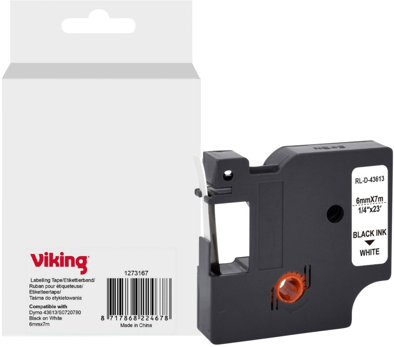 Ruban d'étiquettes Viking Compatible DYMO S0720780 WB-DMRL43613-WT Adhésif Noir sur blanc 6 x 75 mm Thermique