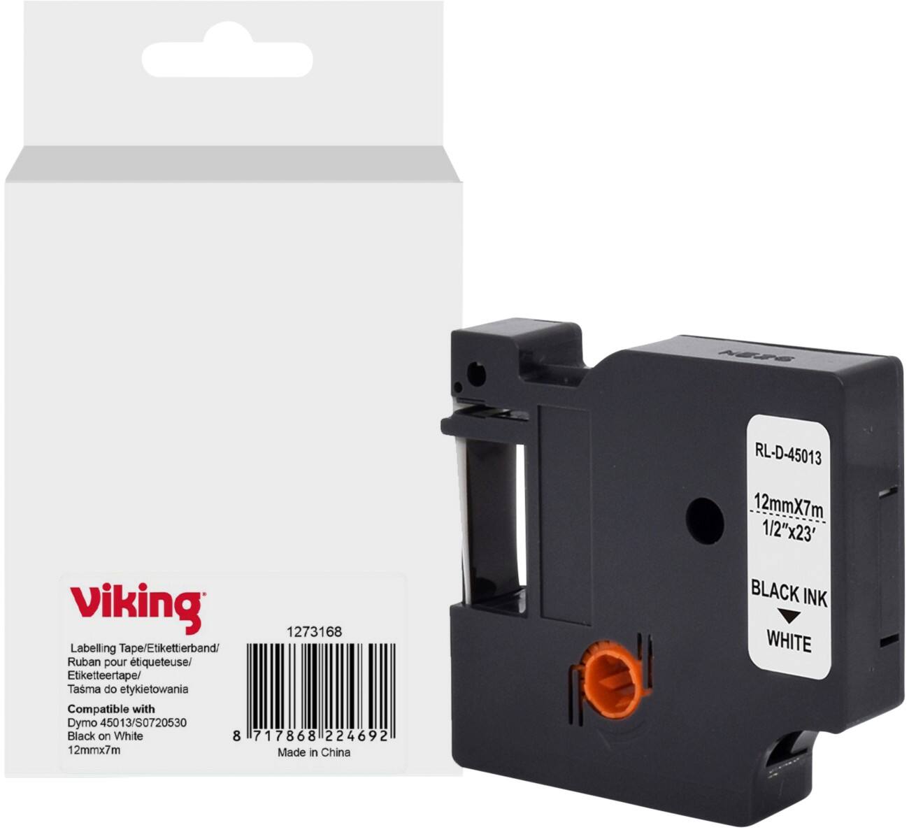 Ruban d'étiquettes Viking Compatible DYMO S0720530 WB-DMRL45013-WT Adhésif Noir sur blanc 12 x 75 mm Thermique