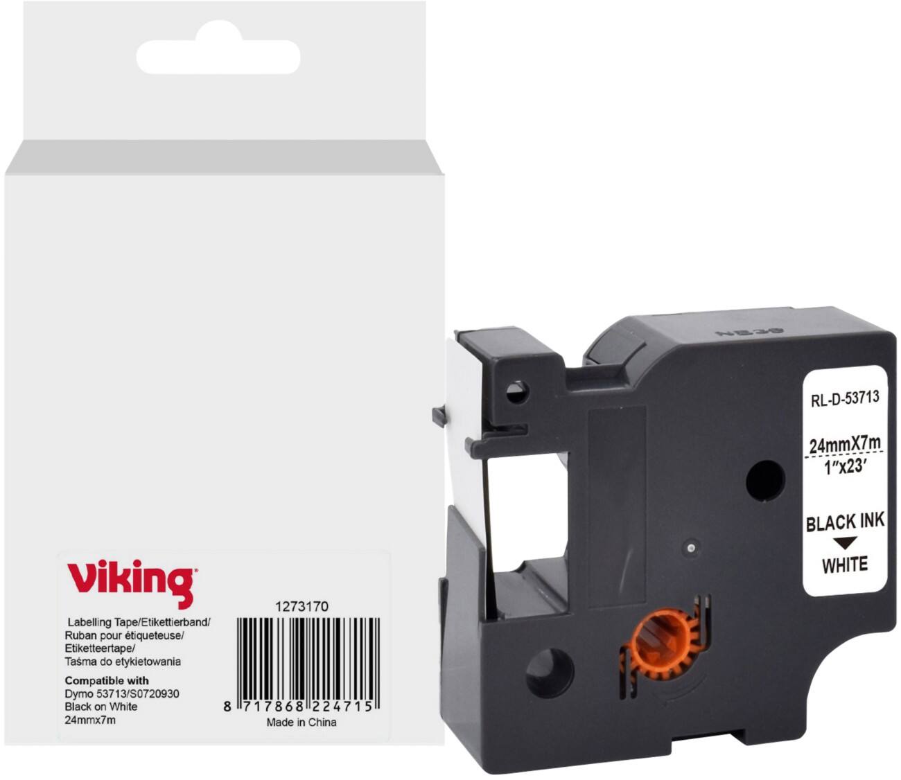 Ruban d'étiquettes Viking Compatible DYMO S0720930 WB-DMRL53713-WT Adhésif Noir sur blanc 24 x 75 mm Thermique