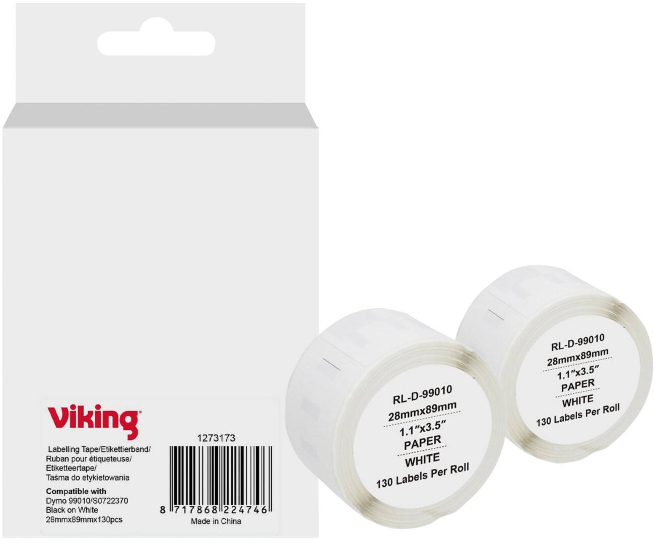 Rouleau d'étiquettes Viking Compatible DYMO S0722370 WB-DMRL99010-WT-2 Adhésif Noir sur blanc 28 x 69 mm Thermique