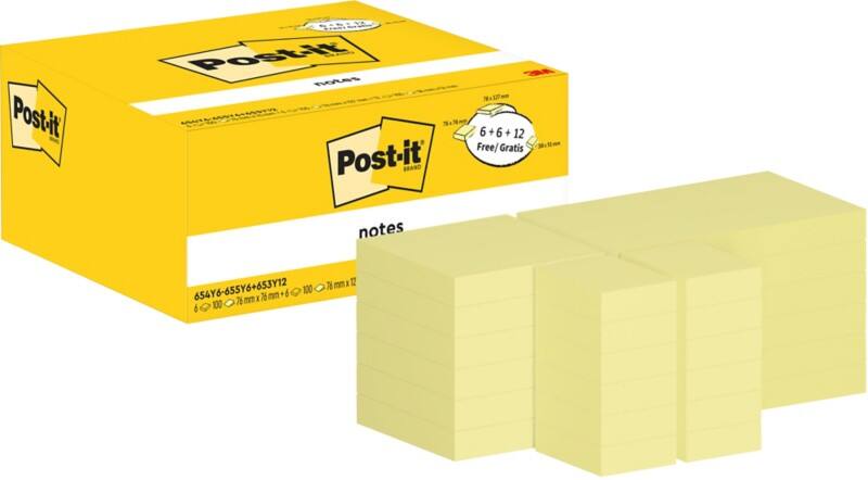 Post-it Sticky Notes Kanariegeel Verschillende maten (6 x 76 x 76 mm, 6 x 76 x 127 mm, 12 x 38 x 51 mm) 24 Blokken à 100 Vellen Voordeelverpakking 12 +12 (38 x 51 mm) GRATIS