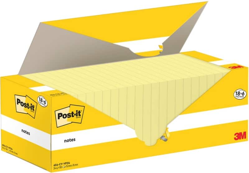 Post-it Zelfklevende memoblaadjes Kanariegeel 76 x 76 mm 24 Blokken à 100 Vellen Value Pack 18 + 6 Gratis