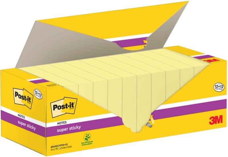 Notes Super Sticky Post-it 76 x 76 mm Jaune canari 24 blocs de 90 feuilles 12+12 GRATUITS
