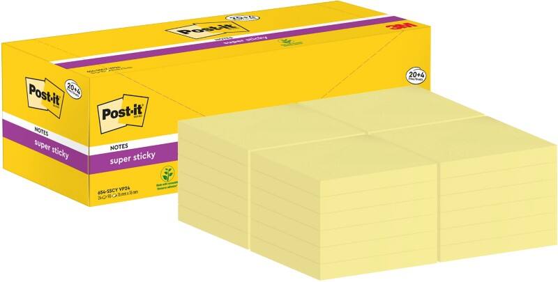 Post-it Super Sticky Notes 76 x 76 mm Geel 24 Blokken à 90 Vellen Value Pack 20+4 Gratis