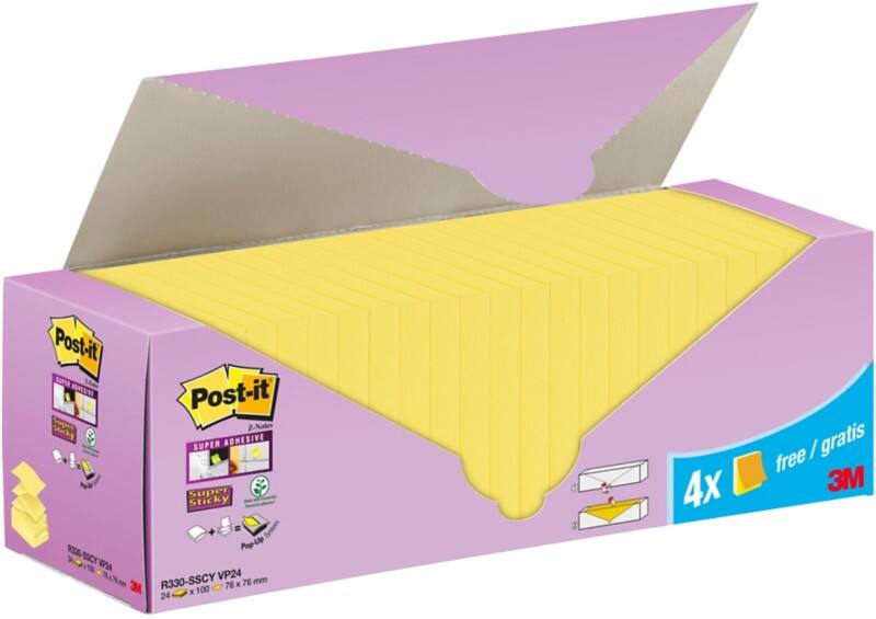 Post-it Super Sticky Z-Notes 76 x7 6 mm Kanariegeel 24 Blokken à 90 vellen Value Pack 20+4 GRATIS