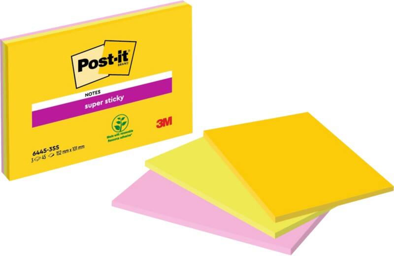 Post-it Super Sticky Notes 152 x 101 mm Kleurenassortiment 3 Blokken à 45 Vellen