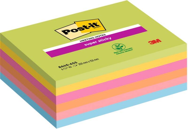 Post-it Super Sticky Notes 203 x 153 mm Kleurenassortiment 6 Blokken à 45 Vellen