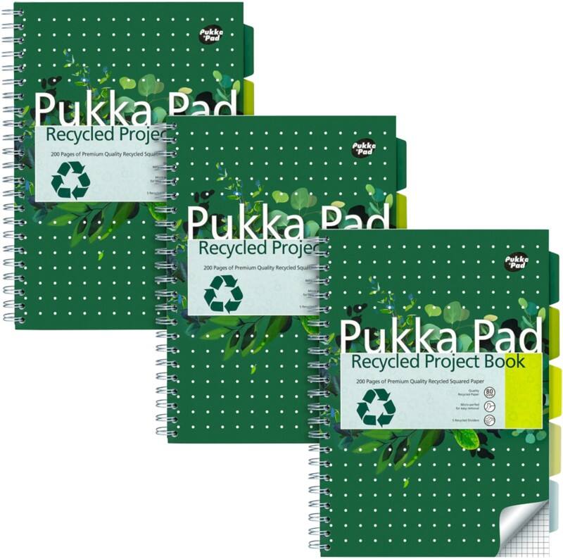 Pukka Recycled Schrijfblok A4 Geruit Dubbeldraads Zijgebonden Karton Harde rug Groen Geperforeerd 200 Pagina's Pak van 3