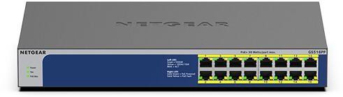 Commutateur NETGEAR GS516PP Non géré L2 Gigabit Ethernet (10/100/1000) Power over Ethernet (PoE) Bleu, gris