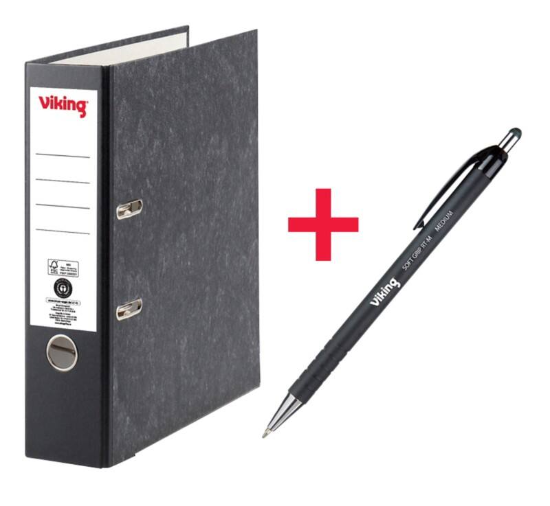 Classeur à levier Viking Large A4 80 mm Noir 2 Anneaux 6180 Carton Effet Marbre Portrait + Stylo-bille Viking