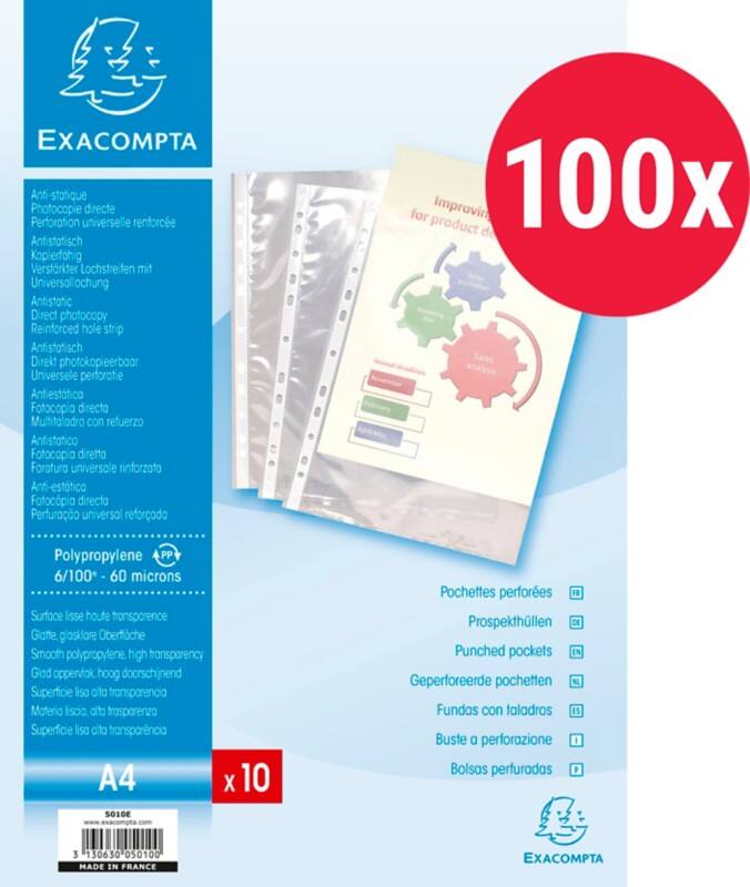 Pochettes perforées Exacompta Lisse Transparent 11 perforations 5010E 100 unités