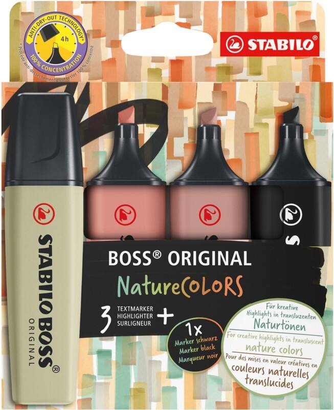 STABILO BOSS ORIGINAL Tekstmarker Kleurenassortiment Breed Beitelpunt - 5 mm 4 Stuks