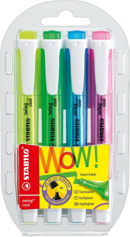 Surligneur STABILO Swing Cool 275/4 Assortiment Large Biseauté - 4 Unités