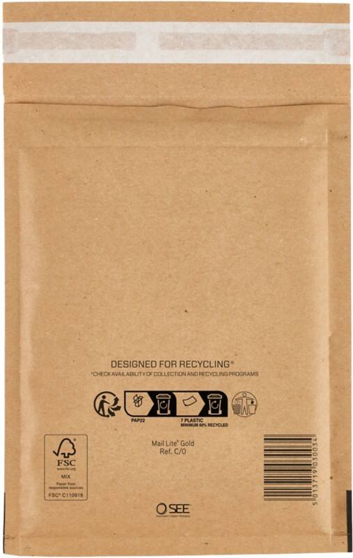 Mail Lite Gevoerde enveloppen C/0 Goud Zonder venster Kleefstrip 200 Stuks
