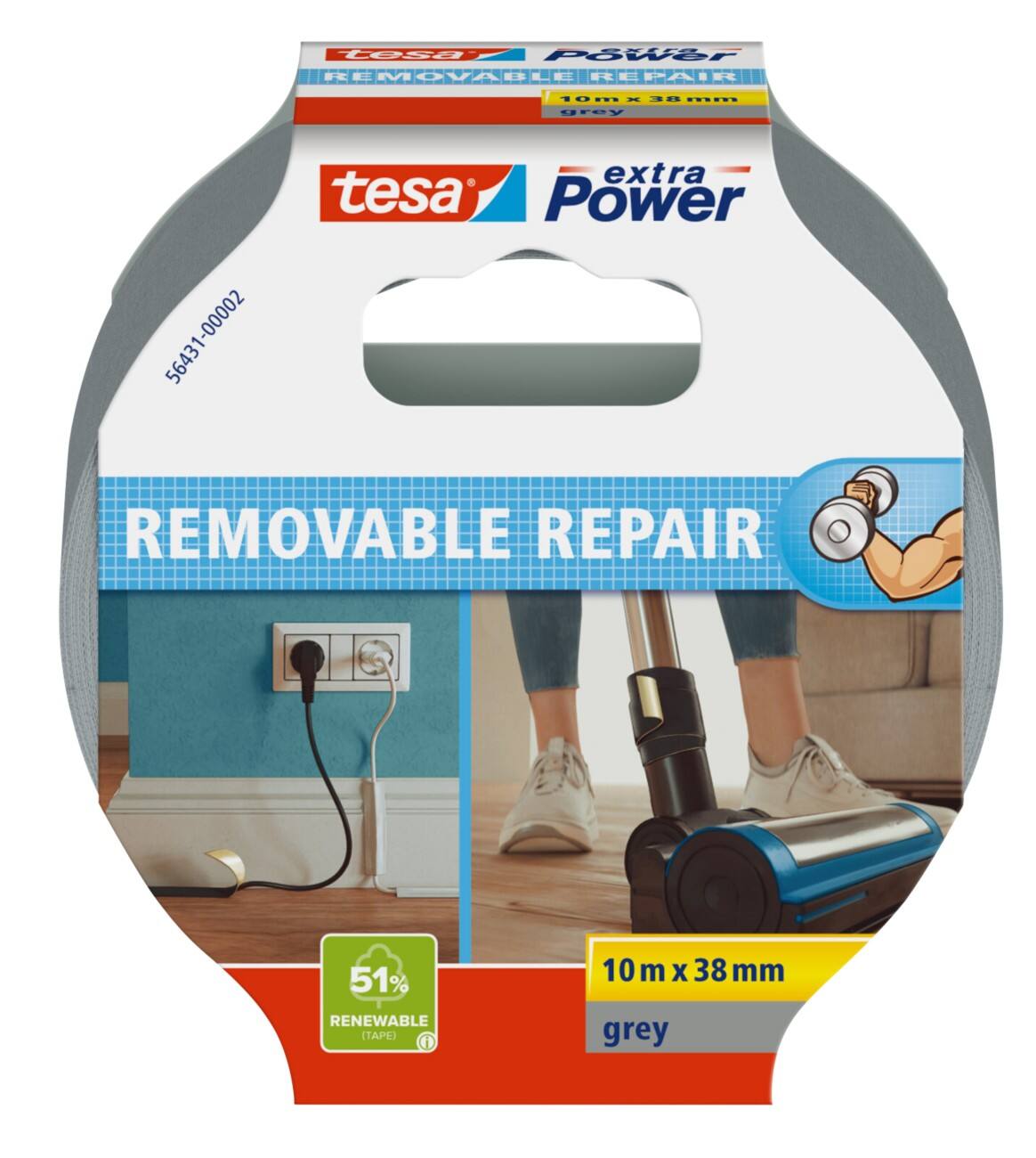 tesa extra Power Ducttape Grijs Removable Repair 10 m x 38 mm