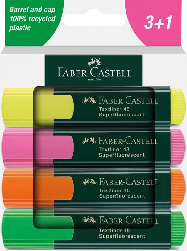Faber-Castell Textliner 48 Tekstmarker Kleurenassortiment Medium Beitelpunt 1 - 5 mm Navulbaar 4 Stuks
