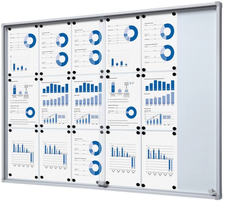 Vitrine SHOWDOWN Magnétique 18 x A4 Montage mural Verrouillable Intérieur 94,8 (l) x 134,6 (h) cm Argenté