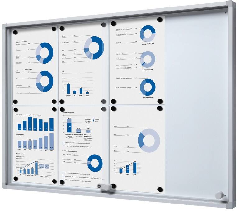 Vitrine SHOWDOWN Magnétique 8 x A4 Montage mural Verrouillable Intérieur 67,5 (l) x 94 (h) cm Argenté