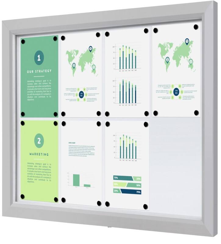 SHOWDOWN Vitrine Magnetisch 8 x A4 Wandmontage Afsluitbaar Buiten 97 (B) x 70,5 (H) cm Zilver