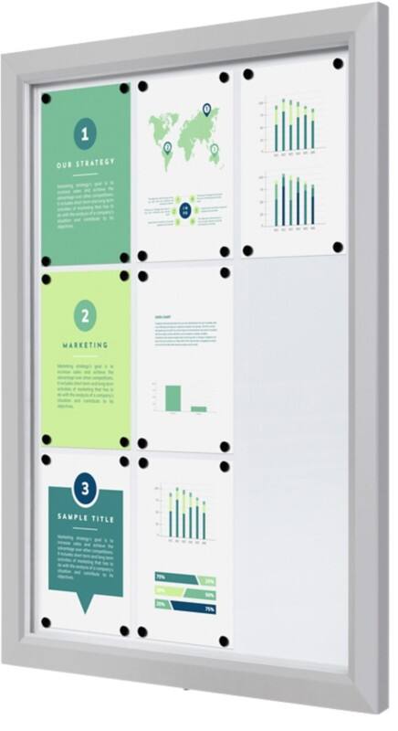 Vitrine SHOWDOWN Magnétique 9 x A4 Montage mural Verrouillable Extérieur 75 (l) x 101,2 (h) cm Argenté