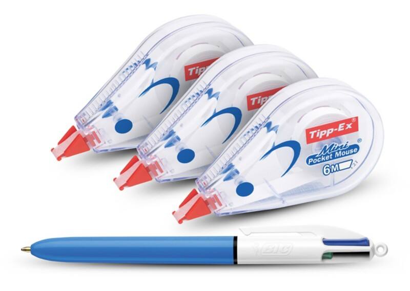 Ruban correcteur Tipp-Ex Mini Pocket 5 mm x 6 m Transparent 3 unités + stylo-bille BIC 4 couleurs