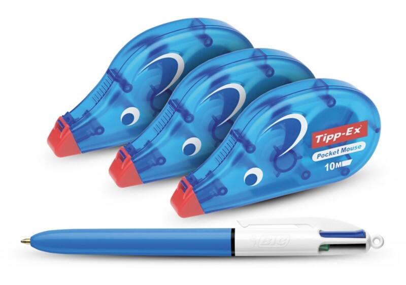 Ruban correcteur Tipp-Ex Pocket Mouse 4,2 mm x 10 m 3 unités + stylo-bille BIC 4 couleurs