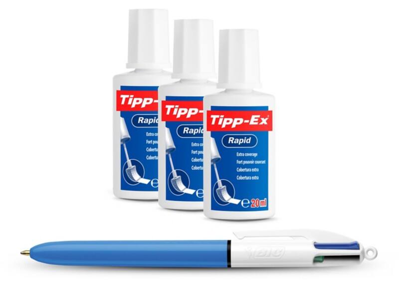 Tipp-Ex Rapid Correctievloeistof Wit 20 ml + BIC 4 Kleuren Balpen