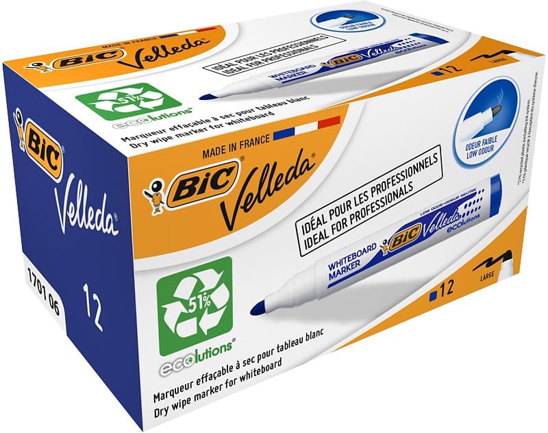 BIC Velleda 1701 Niet-permanent Whiteboard-marker Blauw Breed Ronde punt - 51% Gerecycled 12 Stuks