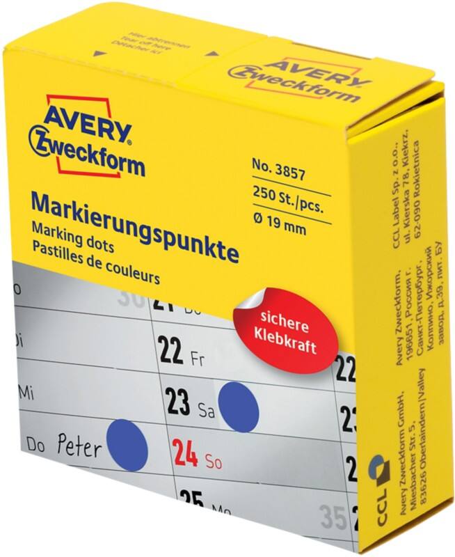 Avery Markeringspunten 3857 Klevend Speciaal Blauw 250 Stuks