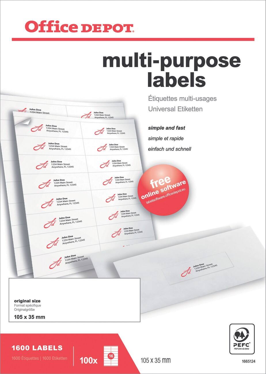 Étiquettes universelles Office Depot Coins droits Blanc 105 x 35 mm 100 Feuilles