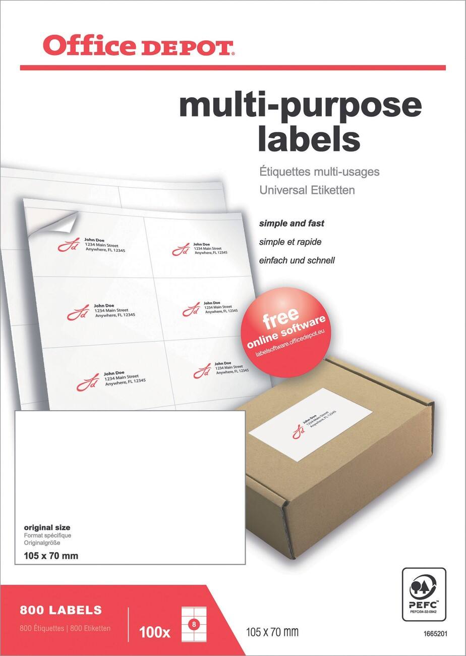 Étiquettes universelles Office Depot Coins droits Blanc 105 x 70 mm 100 Feuilles